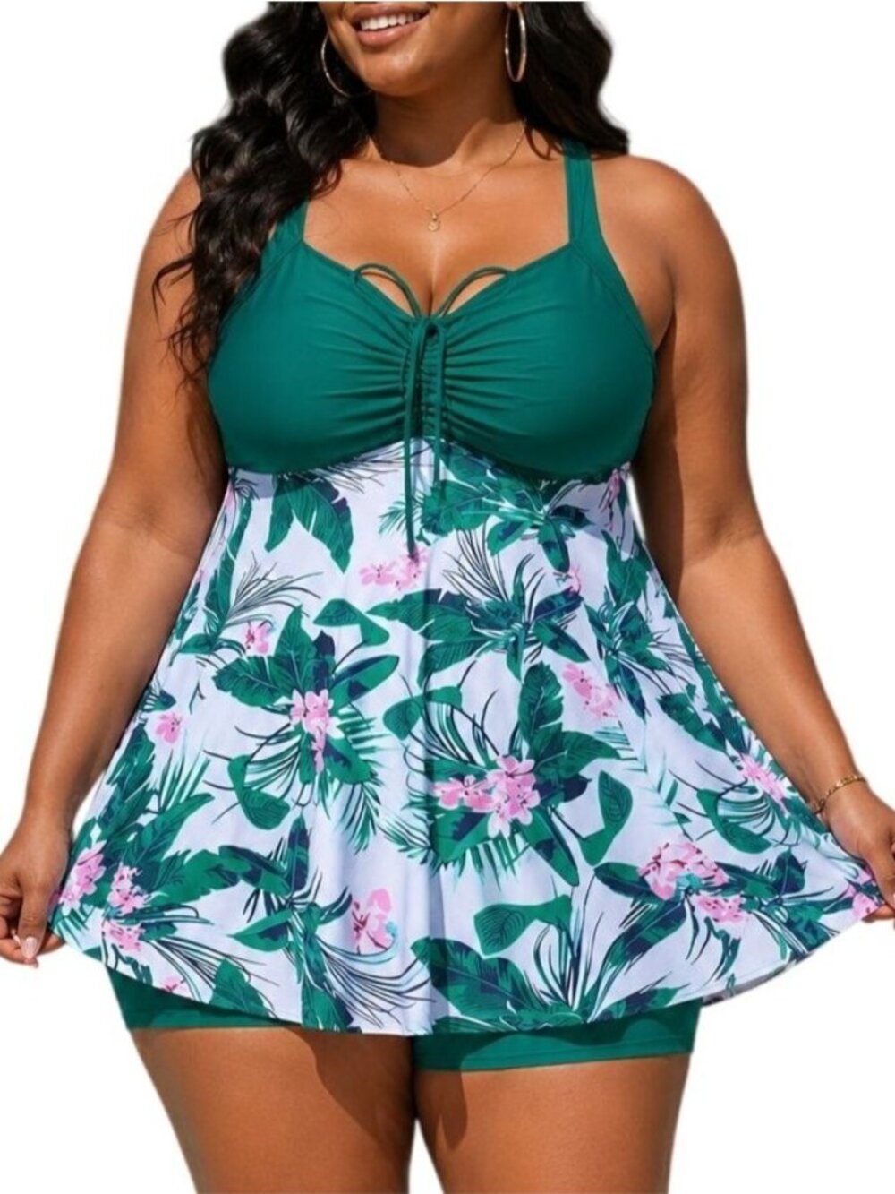 NIeyook Plus Size 20W Tankini Set 2-Piece Floral Swim Dress Push Up V-Neck